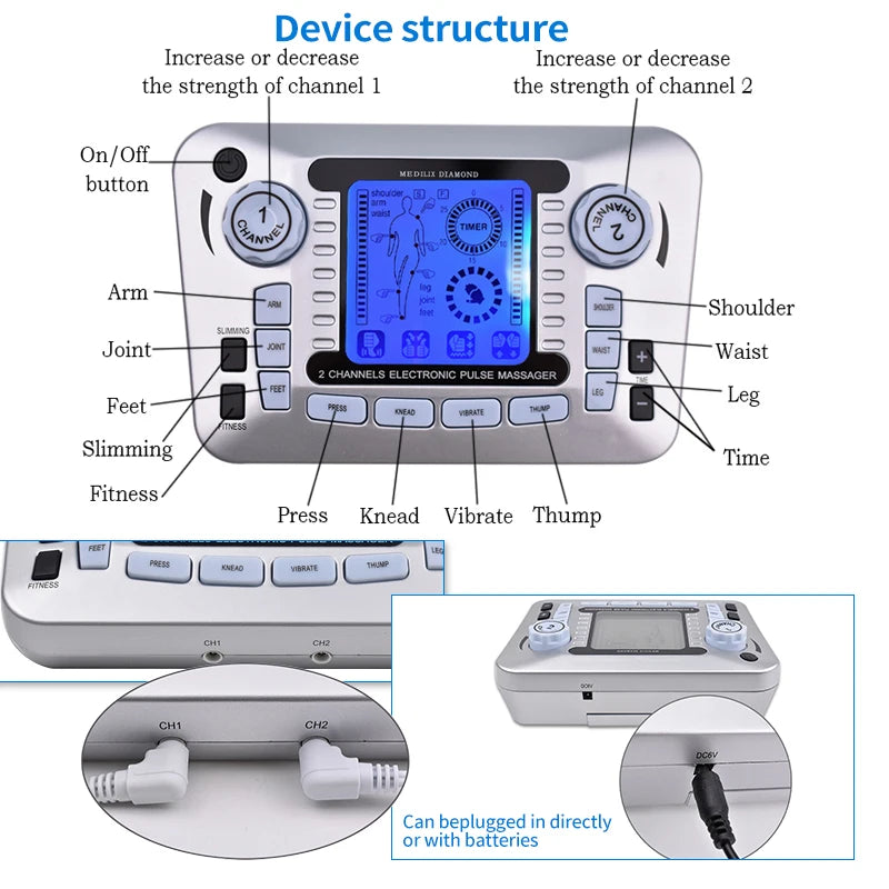 Electronic Pulse Massager Tens Ems Machine massager electrical nerve muscle stimulator Acupuncture Fat Burner Pain Relief