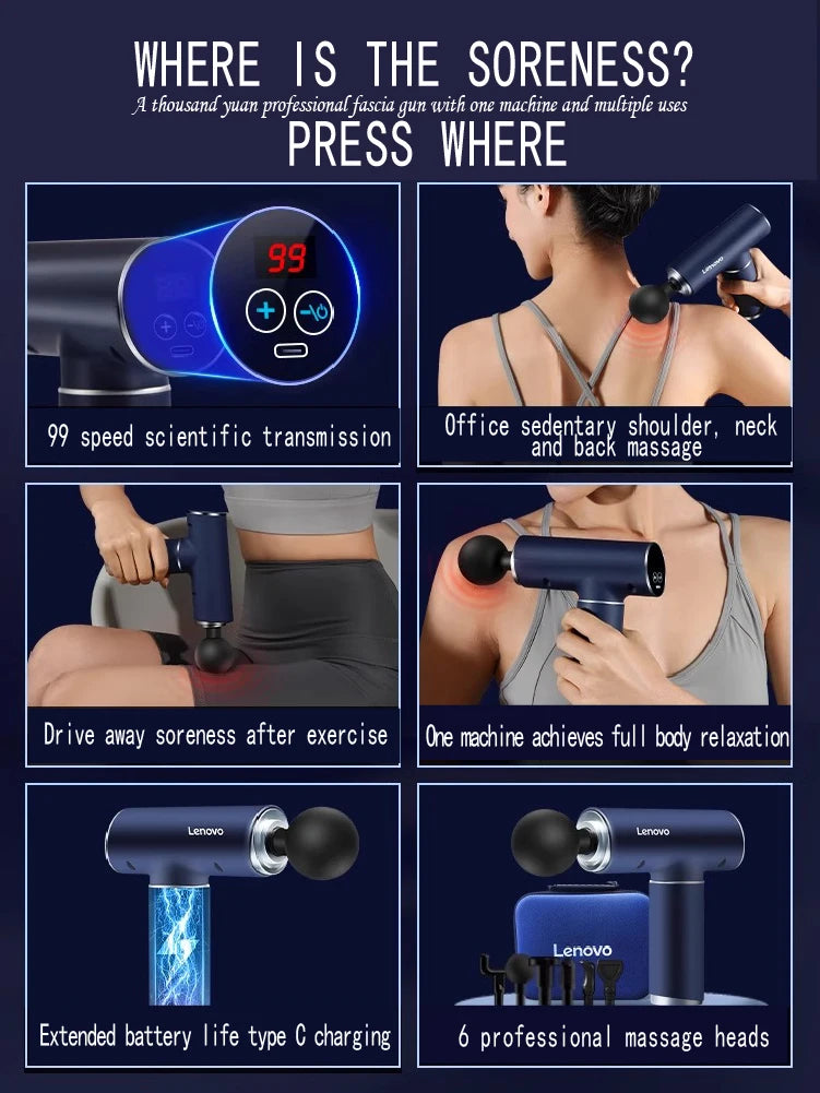 Lenovo 6 Heads Fascia Gun Professional Grade Mini Silent Sports Relaxation Massager 5th Gear Deep Tissue Electric Massage Gun
